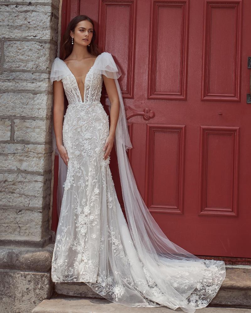 124127 lace mermaid wedding dress with shoulder cape and tank straps3